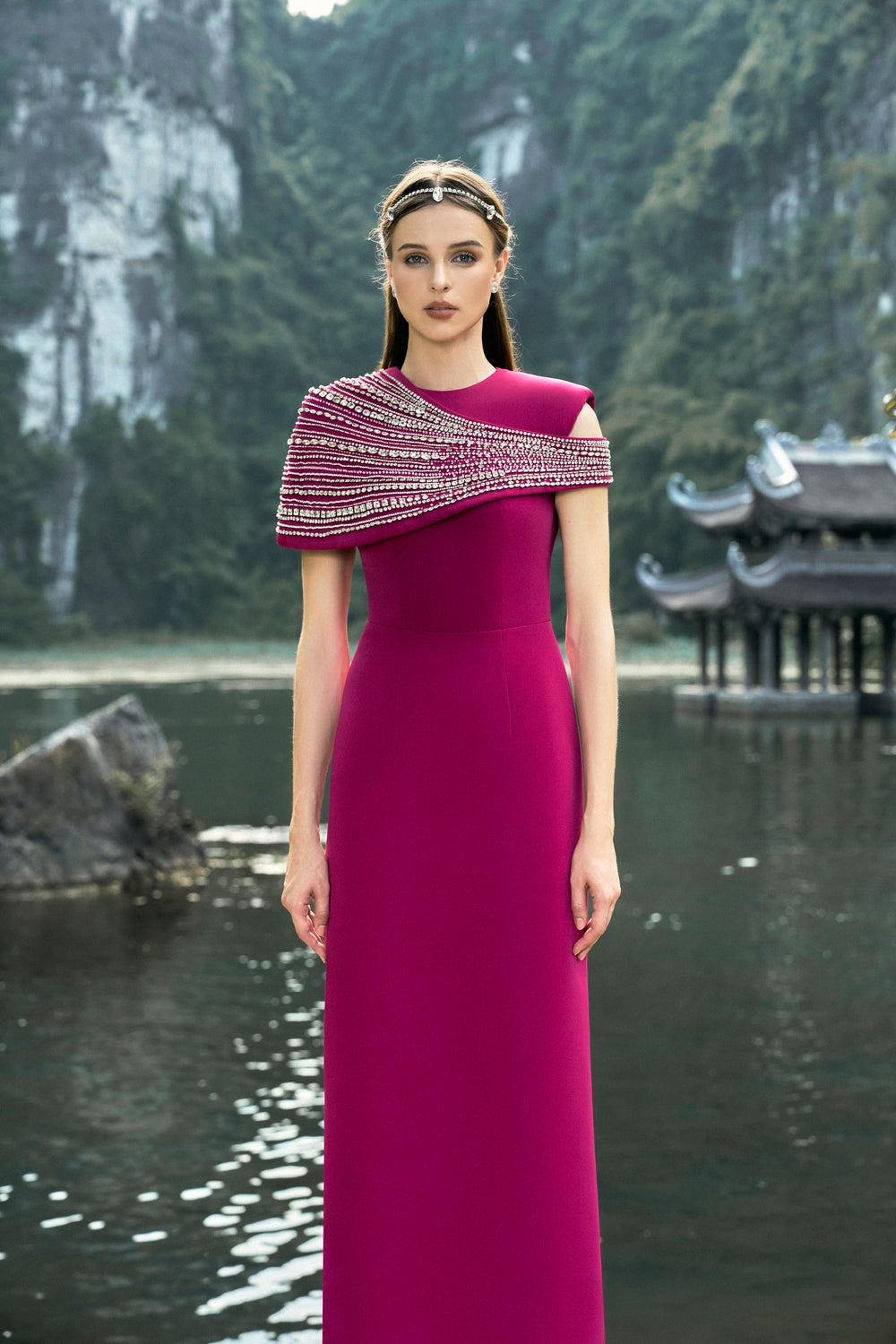 Stone Embellished Asymmetric Cape Straight Dress Set - TRACY COUTURE